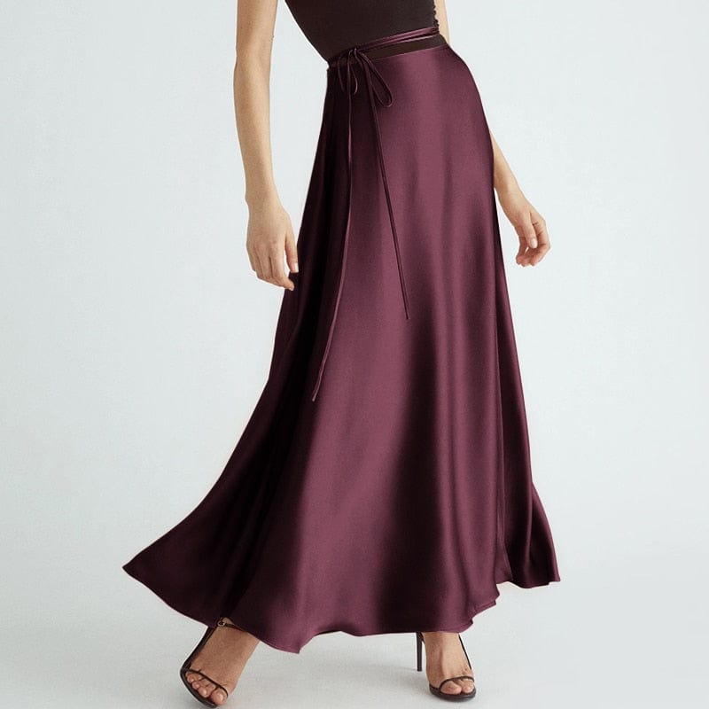 Cap Point Claret / S Elegant high waist high slit satin maxi skirt