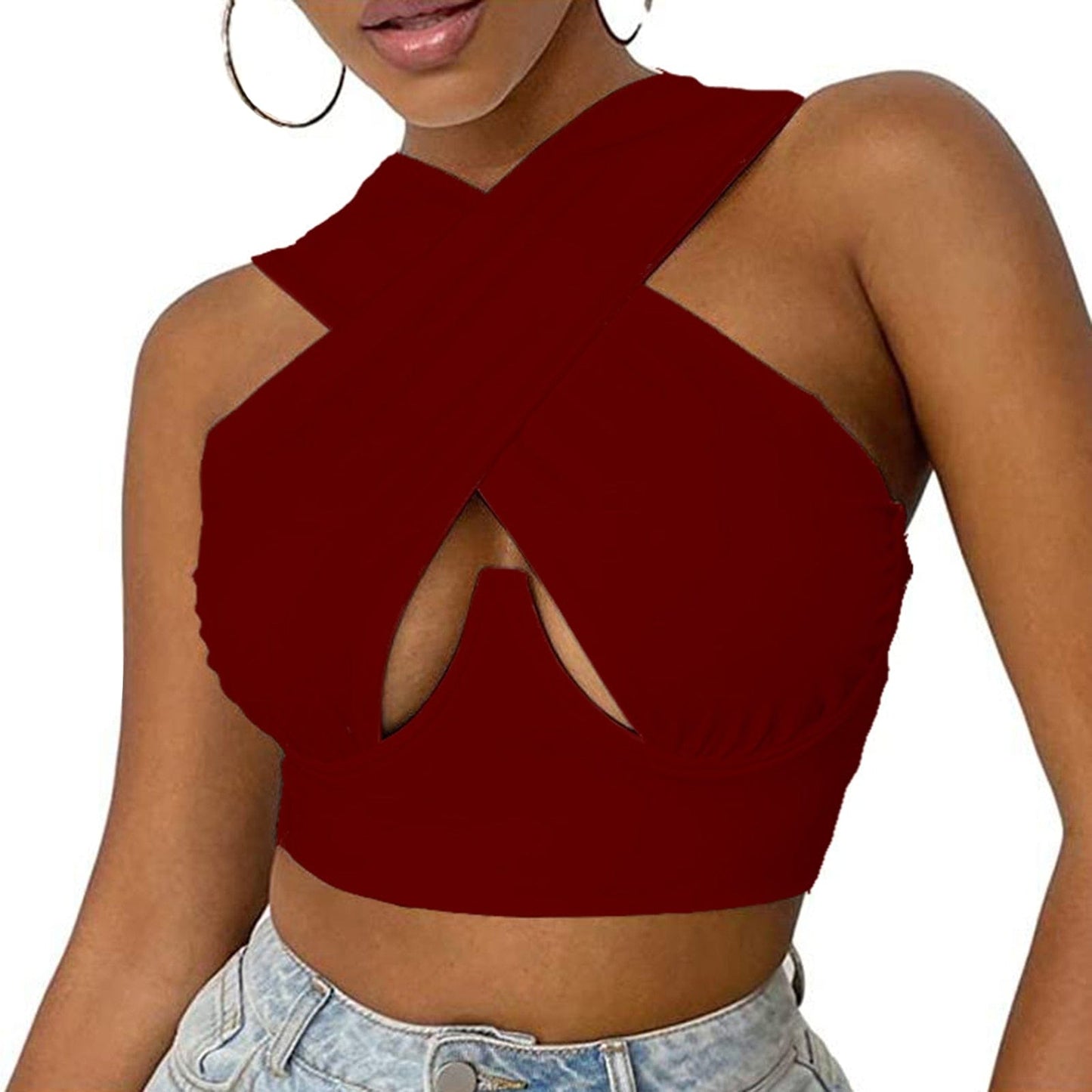 Cap Point Claret / S Hollow Out Crossed Sexy Crop Top