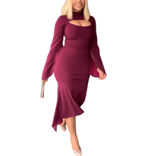 Load image into Gallery viewer, Cap Point Claret / S Monroe Flare Sleeve Hollow Out Bodycon Elegant Mermaid Dress
