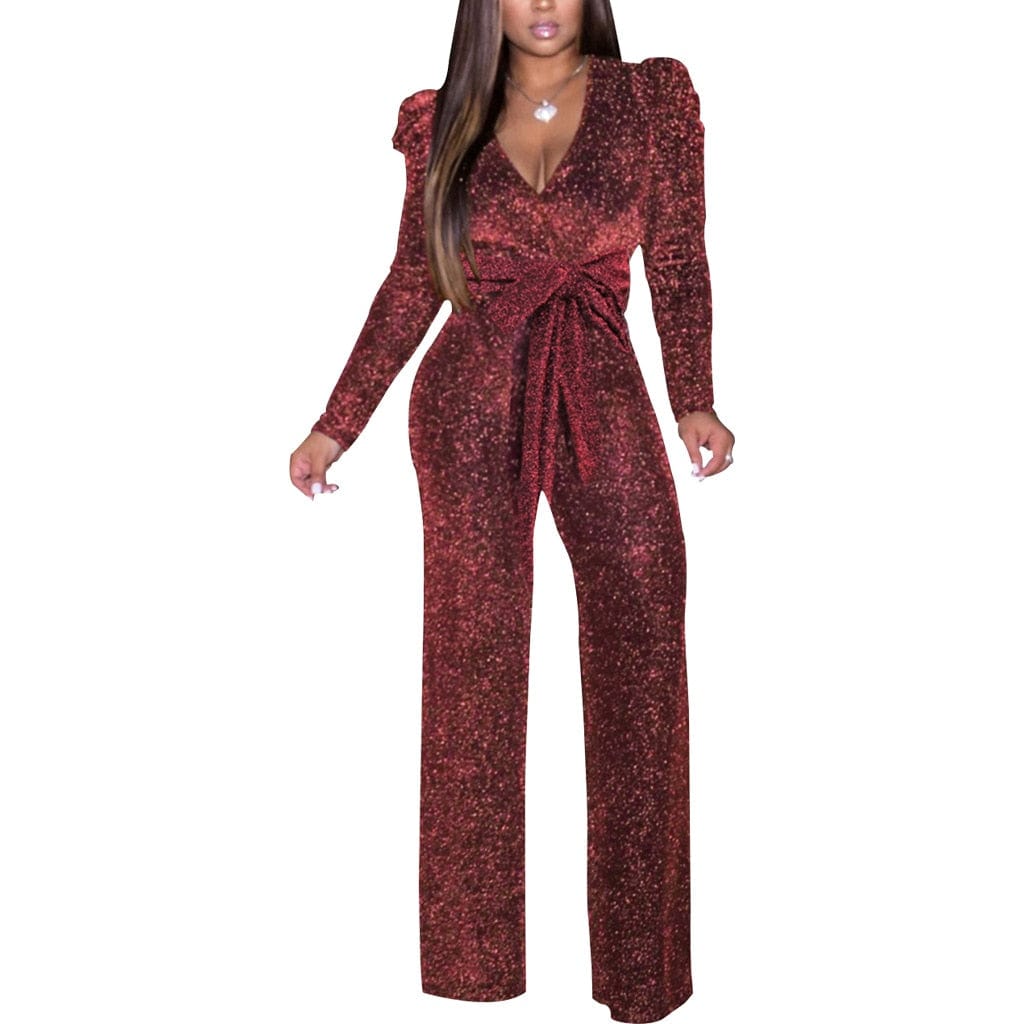 Cap Point Claret / S Natasha Elastic Glitter Long Sleeve V-neck Romper