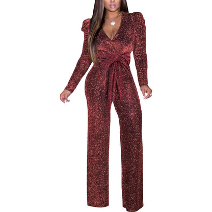 Cap Point Claret / S Natasha Elastic Glitter Long Sleeve V-neck Romper