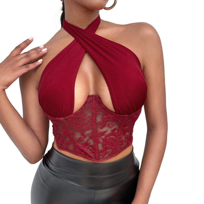 Cap Point Claret / S Sexy Spliced Lace Bustier Crop Top