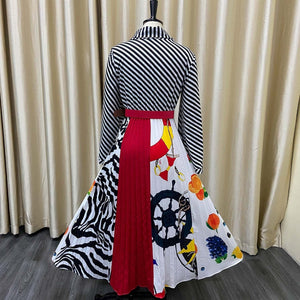 Cap Point Classy High Collar Striped Printed Dress With Waist Belt