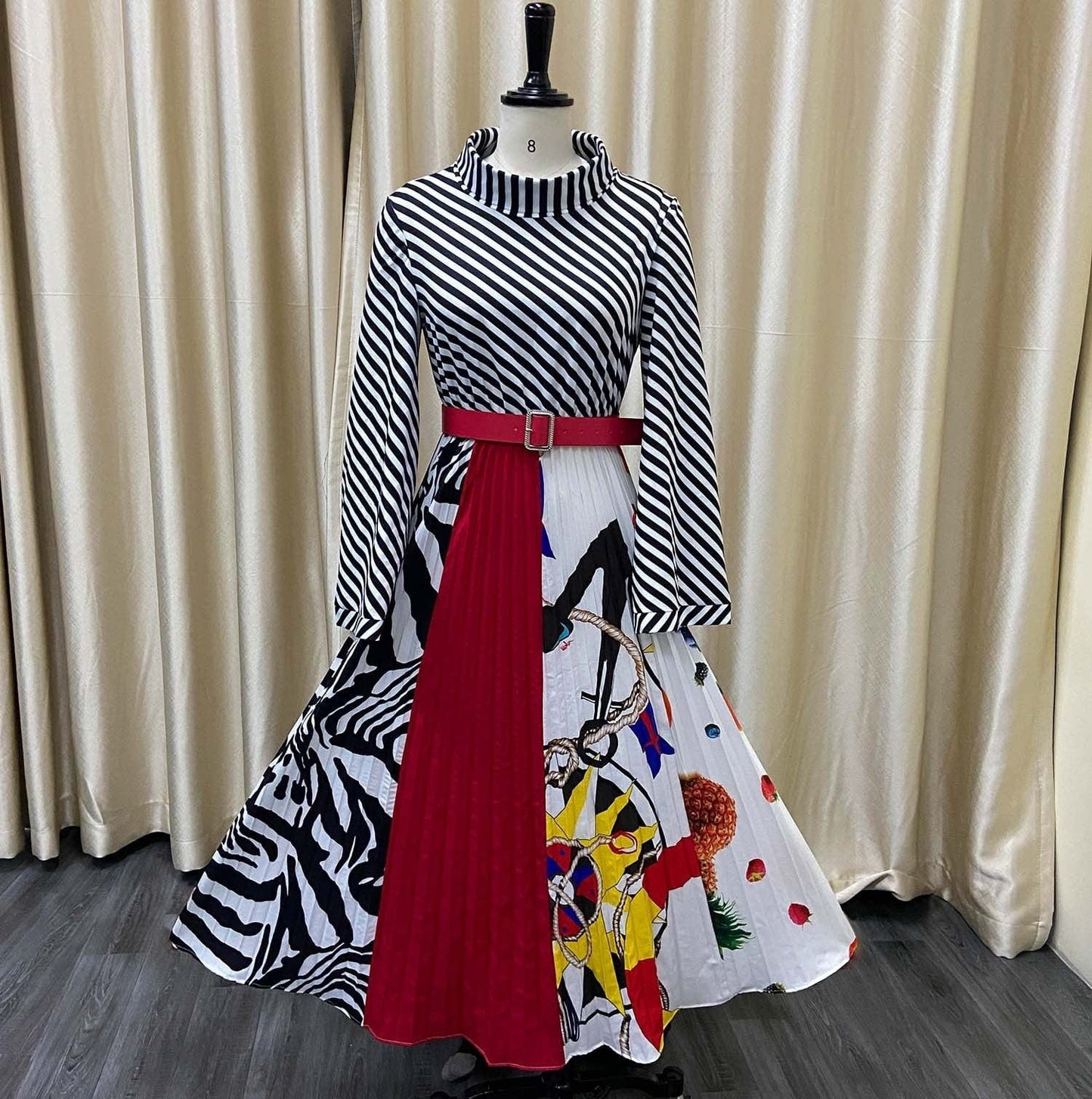 Cap Point Classy High Collar Striped Printed Dress With Waist Belt