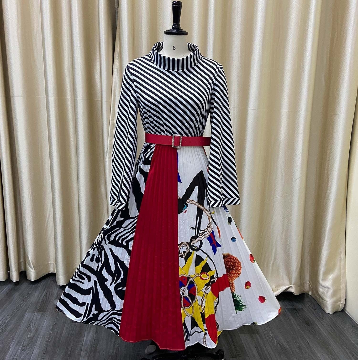 Cap Point Classy High Collar Striped Printed Dress With Waist Belt