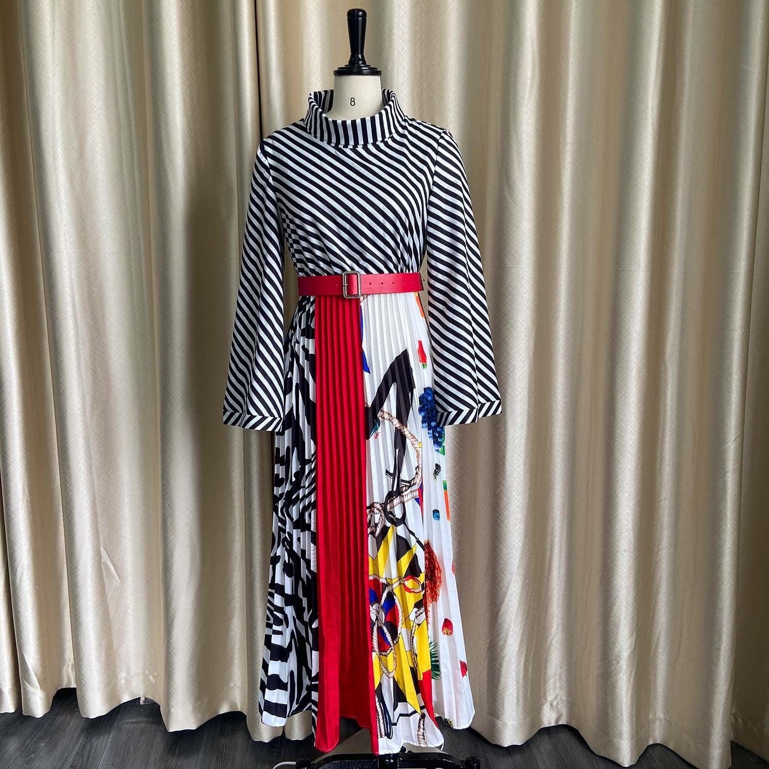 Cap Point Classy High Collar Striped Printed Dress With Waist Belt