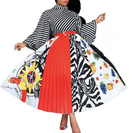 Cap Point Classy High Collar Striped Printed Dress With Waist Belt