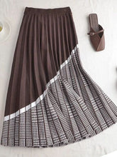 Load image into Gallery viewer, Cap Point Coffee 2 / One Size Schomie Knit High Waist Houndstooth Patchwork Pleated A-line Asymmetrical Skirt
