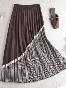 Cap Point Coffee 2 / One Size Schomie Knit High Waist Houndstooth Patchwork Pleated A-line Asymmetrical Skirt