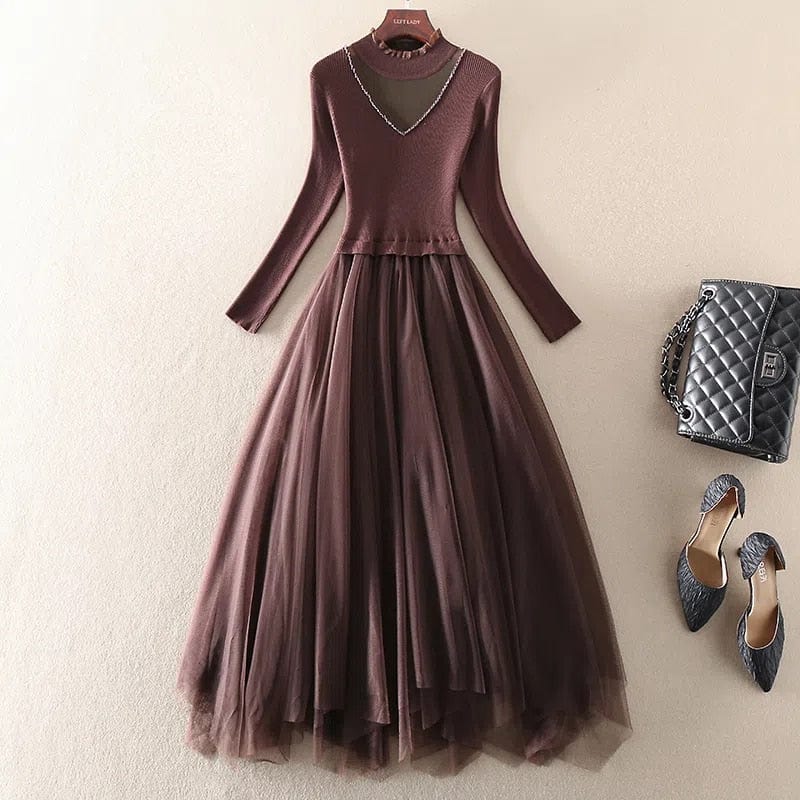 Cap Point coffee / S Okeleye Fashion Embroidery Mesh Patchwork Knitted Sweater Dress