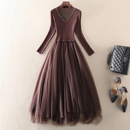 Cap Point coffee / S Okeleye Fashion Embroidery Mesh Patchwork Knitted Sweater Dress