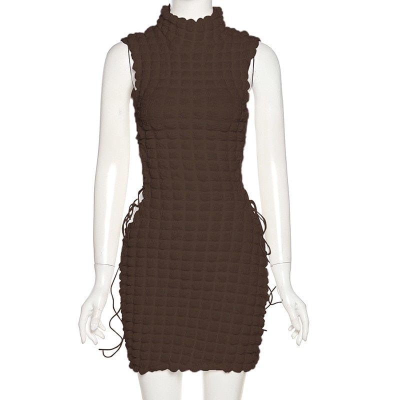 Cap Point coffee / S Sexy Solid Mock Neck Sleeveless Draw String Bodycon Mini Dress