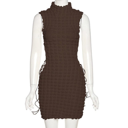 Cap Point coffee / S Sexy Solid Mock Neck Sleeveless Draw String Bodycon Mini Dress