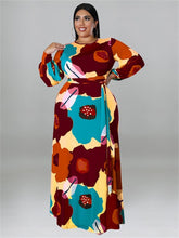 Load image into Gallery viewer, Cap Point coffee / XL Doris Plus Size Loose Long Sleeve Flower Print Big Hem Elegant Maxi Dress
