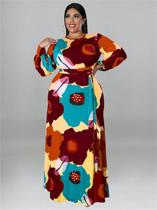 Cap Point coffee / XL Doris Plus Size Loose Long Sleeve Flower Print Big Hem Elegant Maxi Dress