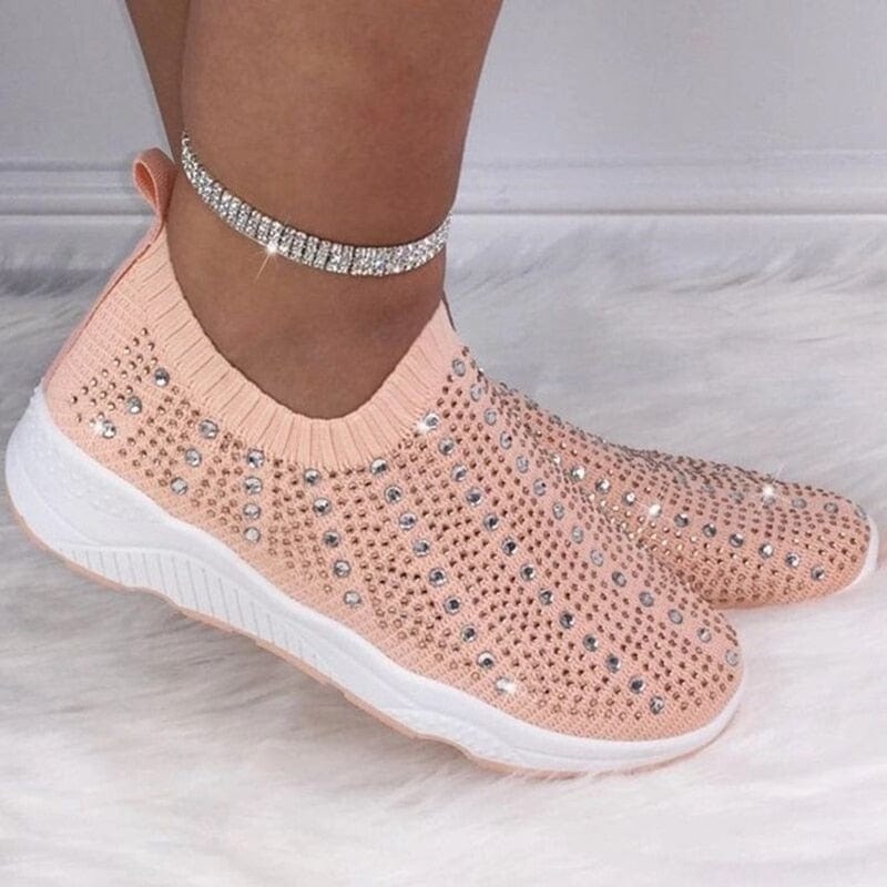 Cap Point Comfortable Breathable Knit Mesh Crystal Flat Sneakers