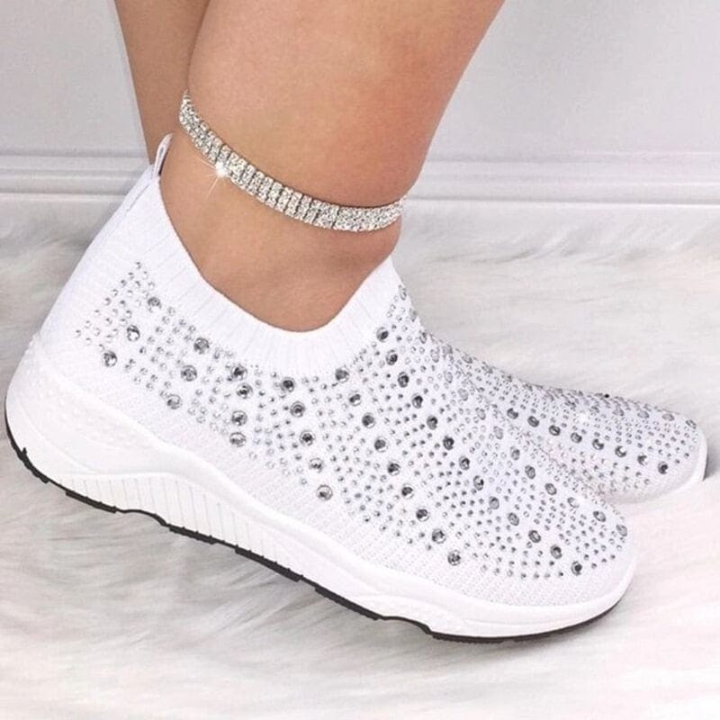 Cap Point Comfortable Breathable Knit Mesh Crystal Flat Sneakers