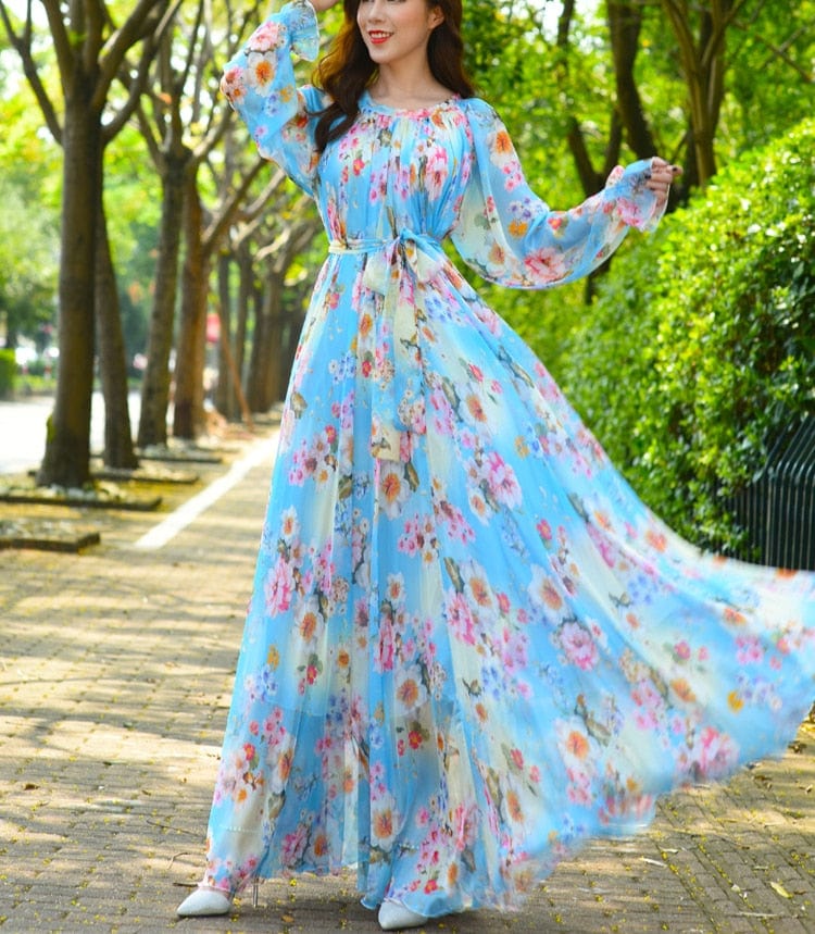 Cap Point cyan / S Aria Floral Printed  Loose Chiffon Fashion Maxi Dress