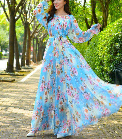 Cap Point cyan / S Aria Floral Printed  Loose Chiffon Fashion Maxi Dress