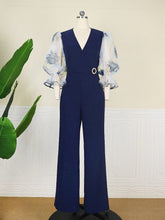 Load image into Gallery viewer, Cap Point Daphne V-Neck High Waist Patchwork Mesh Print See Through Sleeve Jumpsuit

