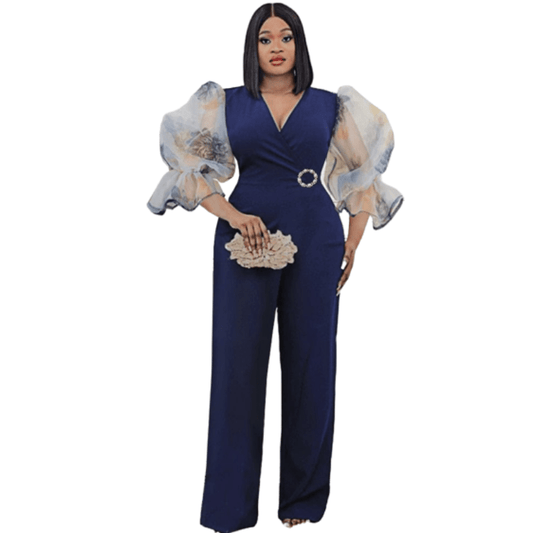 Cap Point Daphne V-Neck High Waist Patchwork Mesh Print See Through Sleeve Jumpsuit