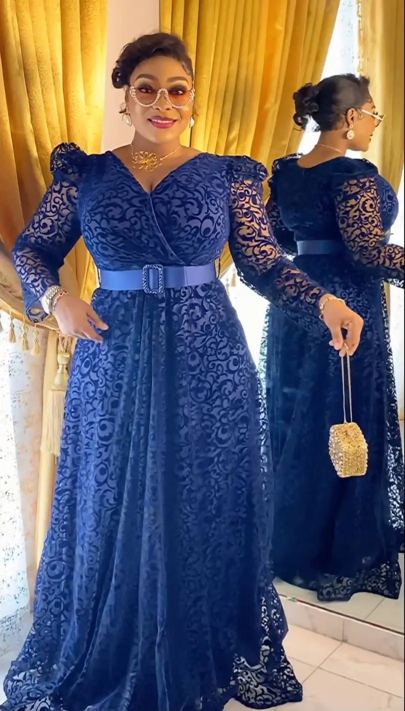 Cap Point Dark Blue / L Sharon Rose Plus Size Large Long Sleeve Luxury Designer Chic Elegant Evening Party Maxi Dress