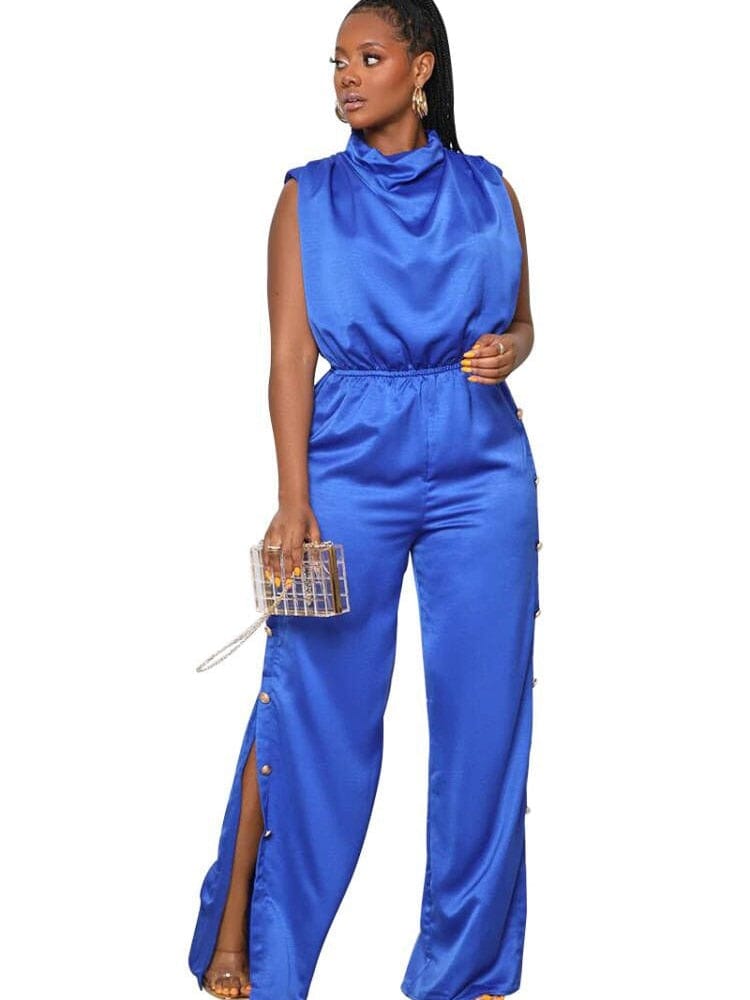 Cap Point Dark blue / S Emilie Pile Neck Elastic Waist Wide Leg Split Sleeveless One Piece Overall Romper