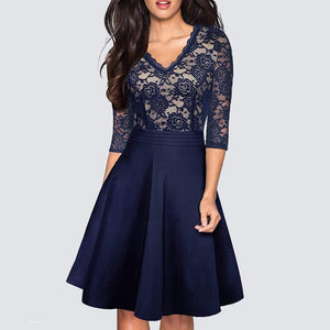 Cap Point Dark Blue / S New Vintage Stylish Floral Lace Patchwork Black Party Dress