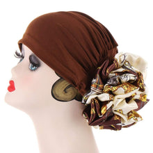 Load image into Gallery viewer, Cap Point Dark Brown Barbara Multicolor Big Flower Design Turban Cap
