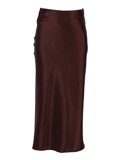 Cap Point Dark Brown / S Perline High Waisted Satin Office Ladies Maxi Skirt