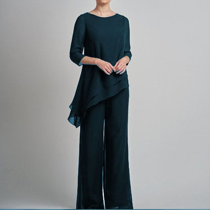 Cap Point Dark Green / 2 2 Pieces Half Sleeve Elegant Solid Irregular Mother of the Bride Pantsuit