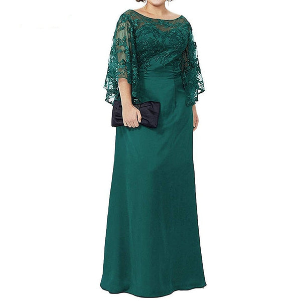 Cap Point Dark Green / 8 Rebecca New Lace Chiffon Half Sleeves Floor Length Mother Of The Bride Dress