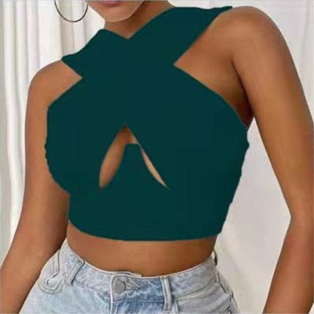 Cap Point Dark Green / S Hollow Out Crossed Sexy Crop Top