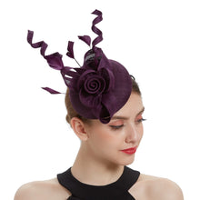 Load image into Gallery viewer, Cap Point dark purple Mirva Hat Cocktail Tea Party Kentucky Derby Feather Fascinators
