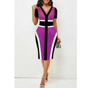 Cap Point Dark Purple / S Belinda High Waist Patchwork Printing V-Neck Elegant Short Sleeve Midi Dress