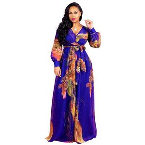 Cap Point Dark purple / S Benita Summer V-Neck Print Sashes Long Maxi Dress