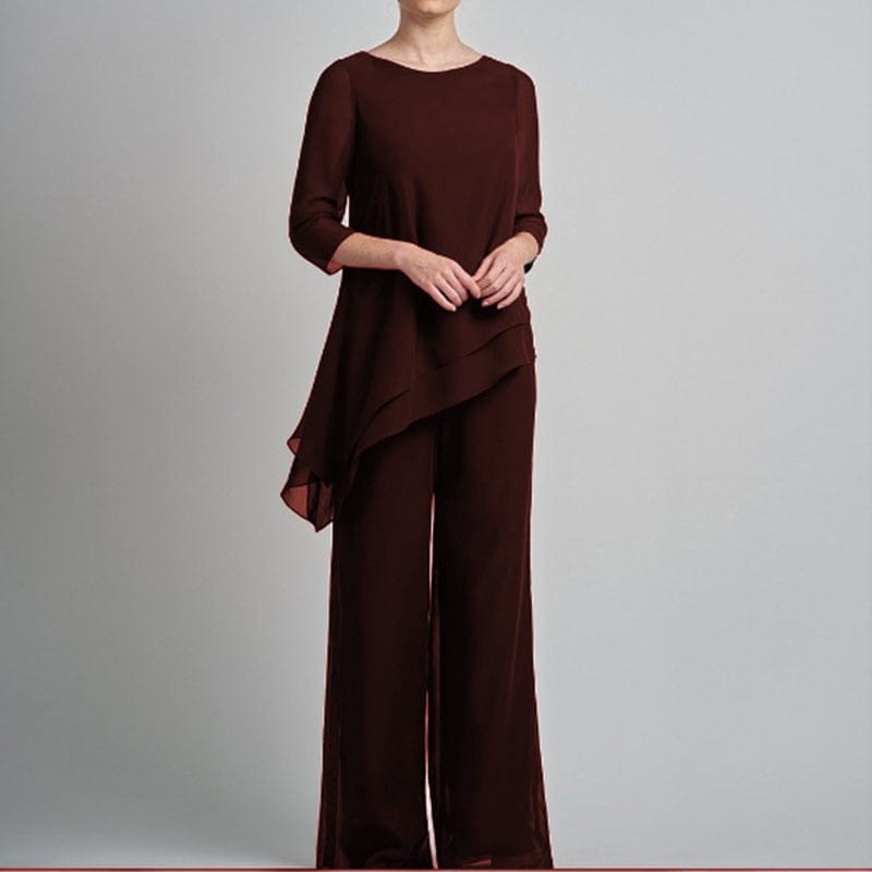 Cap Point Dark Red / 2 2 Pieces Half Sleeve Elegant Solid Irregular Mother of the Bride Pantsuit