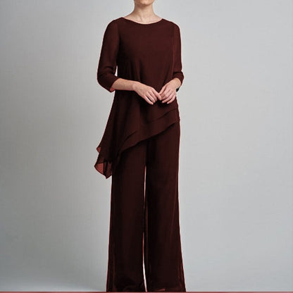Cap Point Dark Red / 2 2 Pieces Half Sleeve Elegant Solid Irregular Mother of the Bride Pantsuit