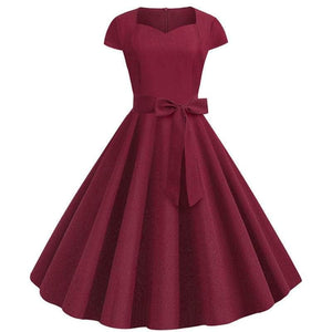 Cap Point Dark red / S Urielle Short Sleeve Square Collar Elegant Office Party Midi Dress with Belt