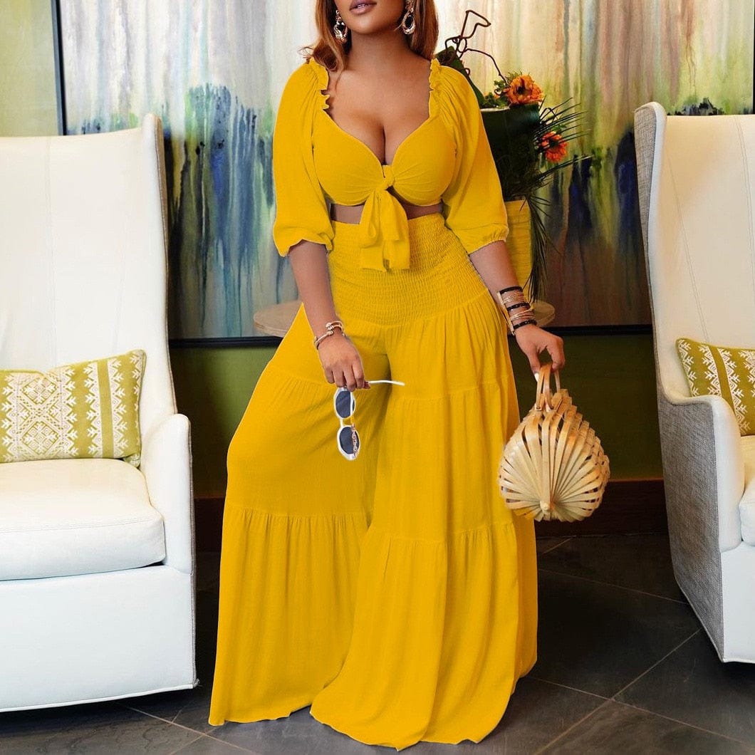 Cap Point Dark Yellow / S Kristine Oversized 2 Piece Loose Wide Leg Pants Fashion Off Shoulder Crop Top