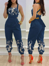 Load image into Gallery viewer, Cap Point Deep Blue / S Mileine Elegant Butterfly Print Crisscross Lace Up Details Backless Jumpsuit
