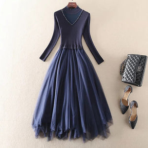 Cap Point Deep Blue / S Okeleye Fashion Embroidery Mesh Patchwork Knitted Sweater Dress