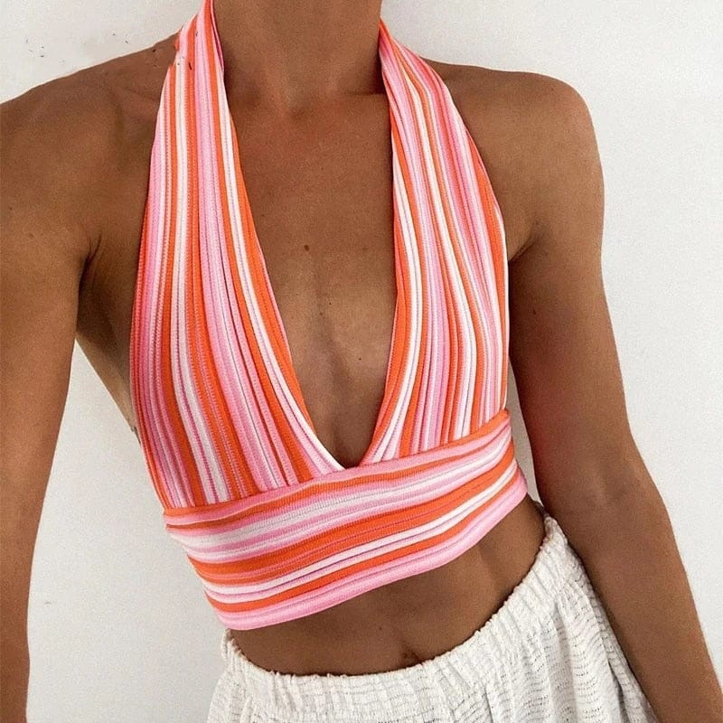 Cap Point Deep V Neck Bandage Backless Halter Tank Crop Top