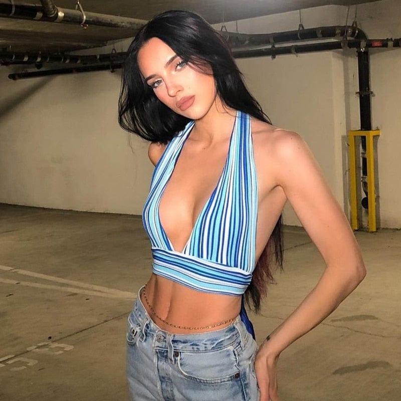 Cap Point Deep V Neck Bandage Backless Halter Tank Crop Top