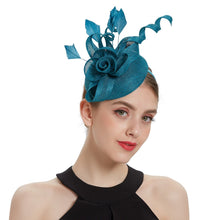 Load image into Gallery viewer, Cap Point Denim Blue Mirva Hat Cocktail Tea Party Kentucky Derby Feather Fascinators
