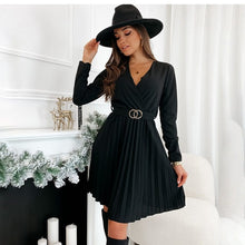 Load image into Gallery viewer, Cap Point Dianne Fashion Elegant V-neck Pleated Lace-up Long Sleeve Mini Dress
