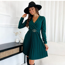 Load image into Gallery viewer, Cap Point Dianne Fashion Elegant V-neck Pleated Lace-up Long Sleeve Mini Dress
