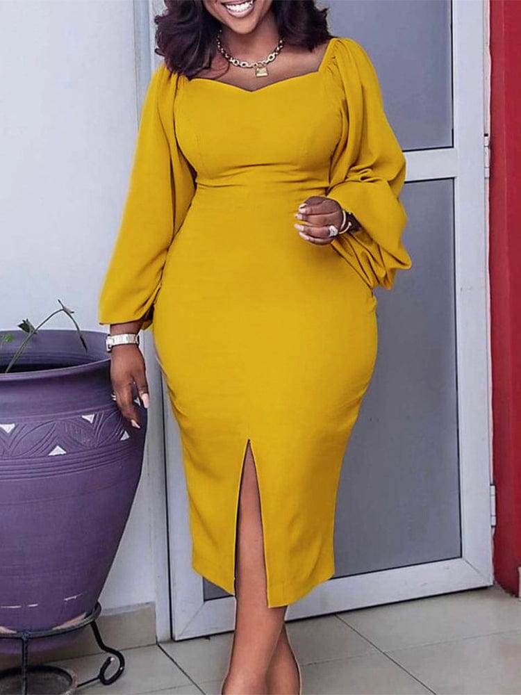 Cap Point Dianne Long Sleeve Square Neck Elegant OL Midi Dress
