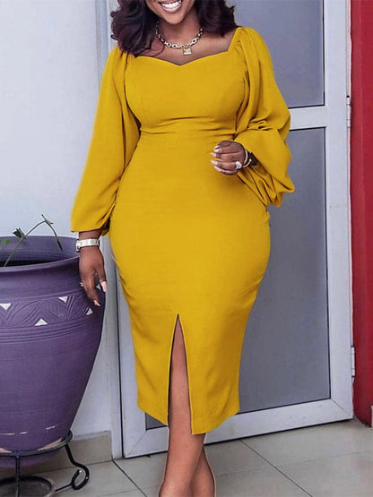 Cap Point Dianne Long Sleeve Square Neck Elegant OL Midi Dress