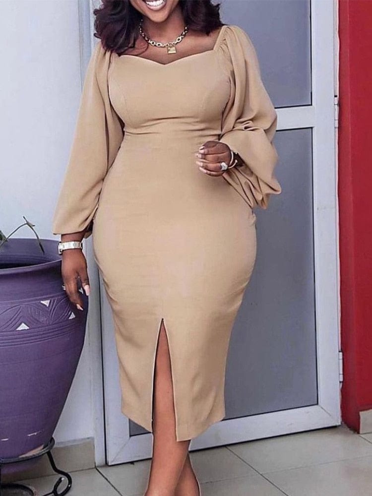 Cap Point Dianne Long Sleeve Square Neck Elegant OL Midi Dress